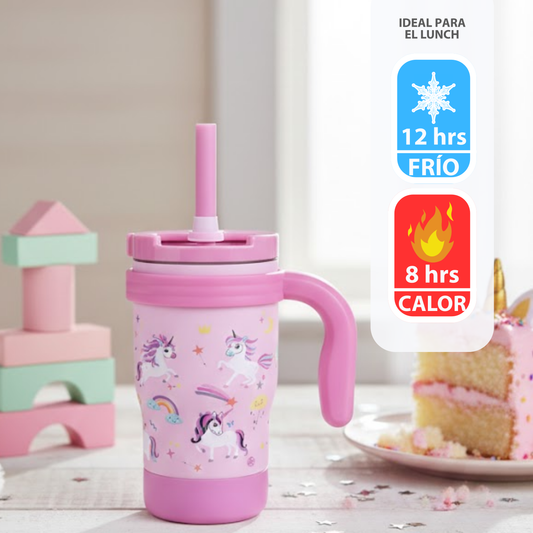 Termo Para Niños Con Popote Y Asa 450ml Libre De BPA Unicornio/Dino