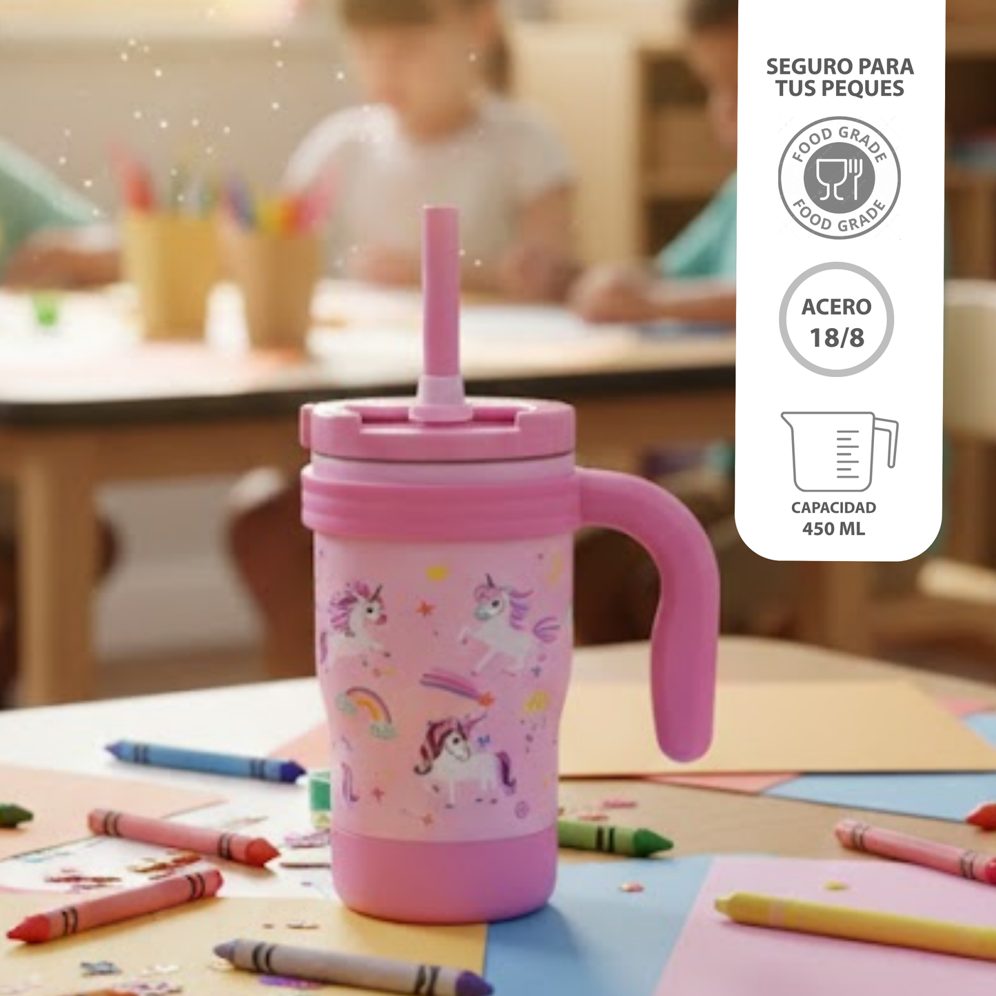 Termo Para Niños Con Popote Y Asa 450ml Libre De BPA Unicornio/Dino