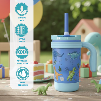 Termo Para Niños Con Popote Y Asa 450ml Libre De BPA Unicornio/Dino