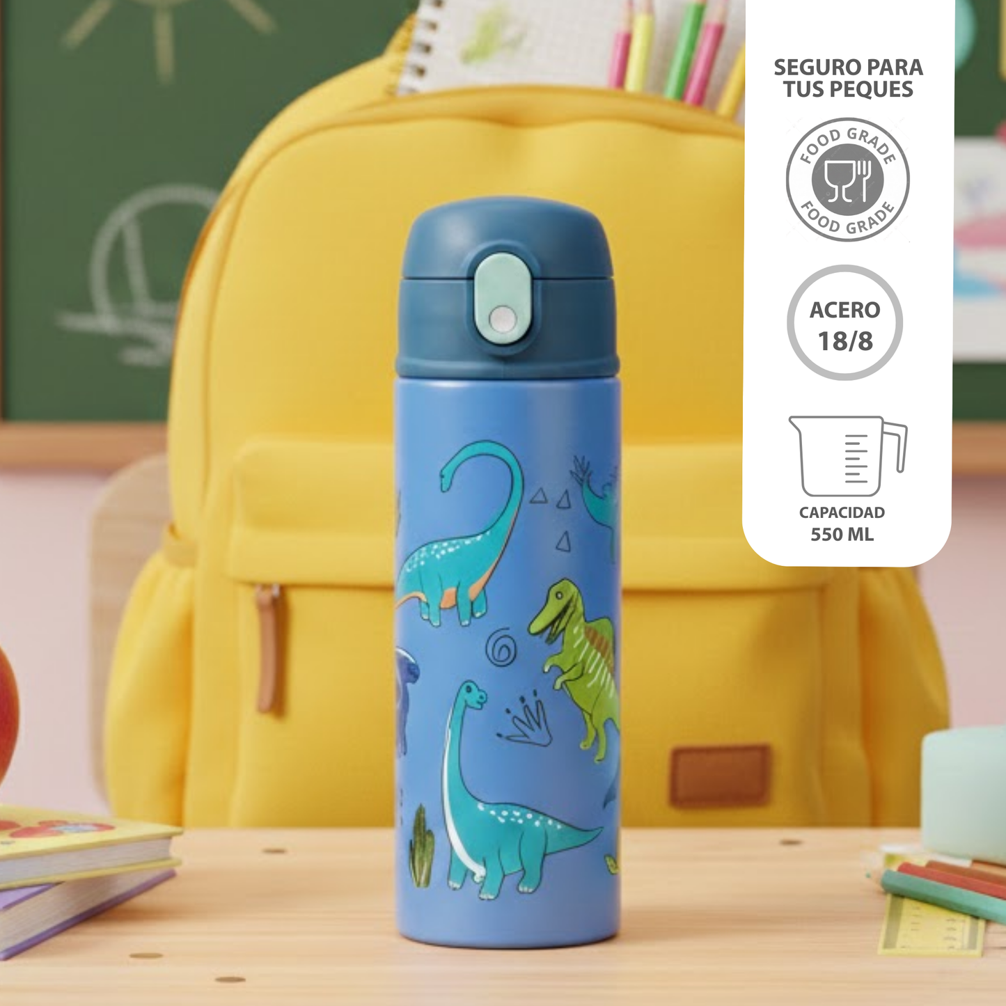 Botella Térmica Infantil 550ml - Vaso de Acero Inoxidable con Diseños para Niños - Mantiene Temperatura 12 Horas - Seguro, Duradero y Libre de BPA.