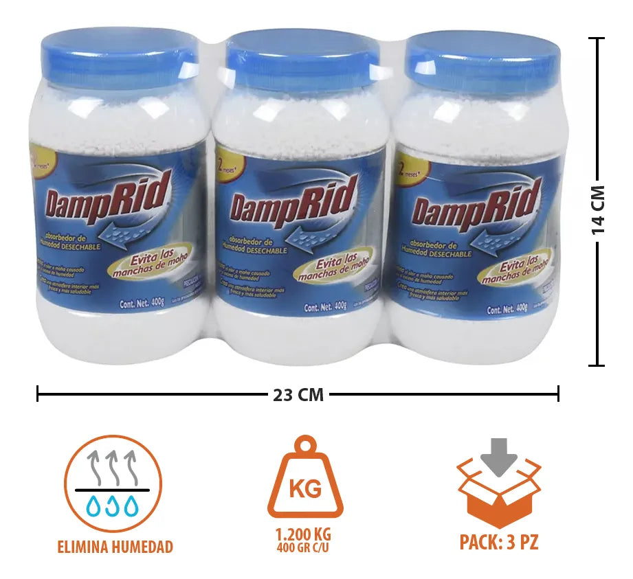 Pack de 3 Absorbedores de Humedad DampRid 400g - Control Total de Moho y Olores