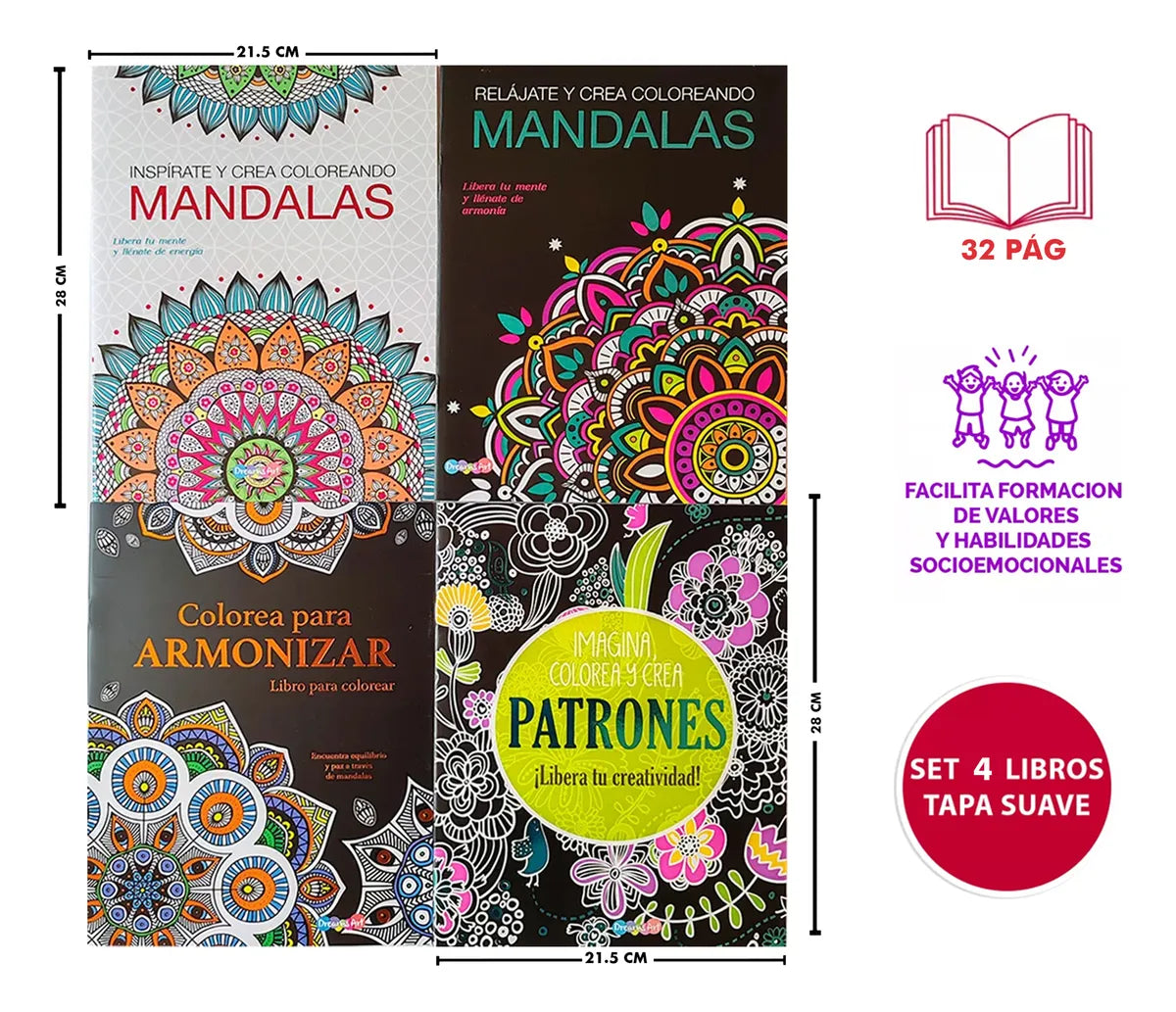 Set De 4 Libros Para Colorear Mándalas. Relájate E Inspírate