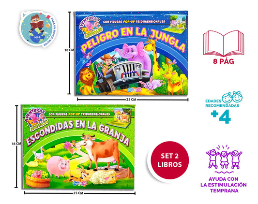 2 Cuentos Pop Up 3d- Aventuras Jungla Y Granja +4 Años