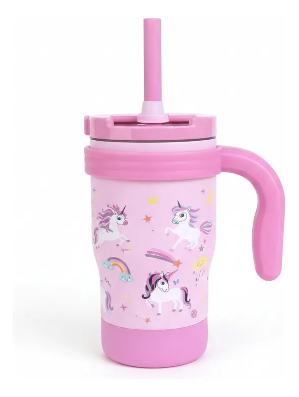 Termo Para Niños Con Popote Y Asa 450ml Libre De BPA Unicornio/Dino