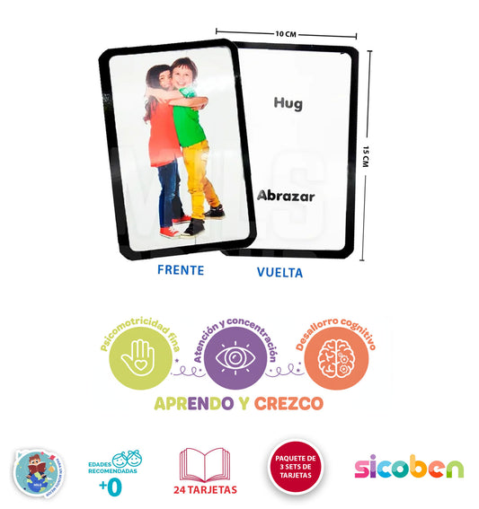 Set 3 Tarjetas Educativas Bilingües Abc/acciones/colores