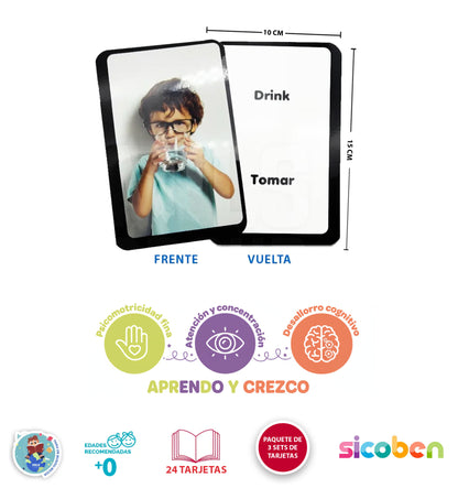 Set 3 Tarjetas Educativas Bilingües Abc/acciones/colores
