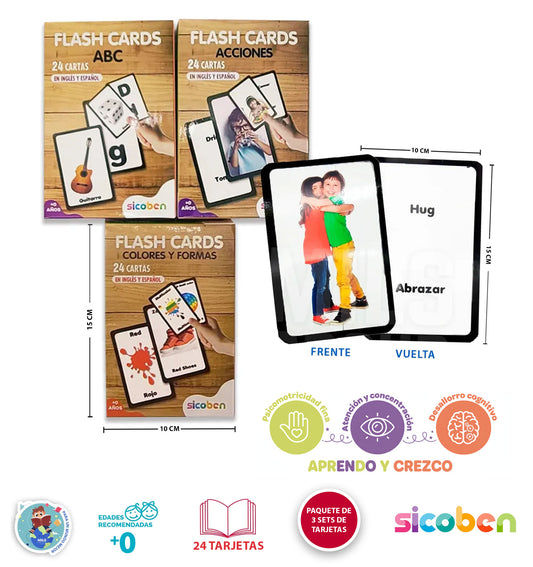 Set 3 Tarjetas Educativas Bilingües Abc/acciones/colores