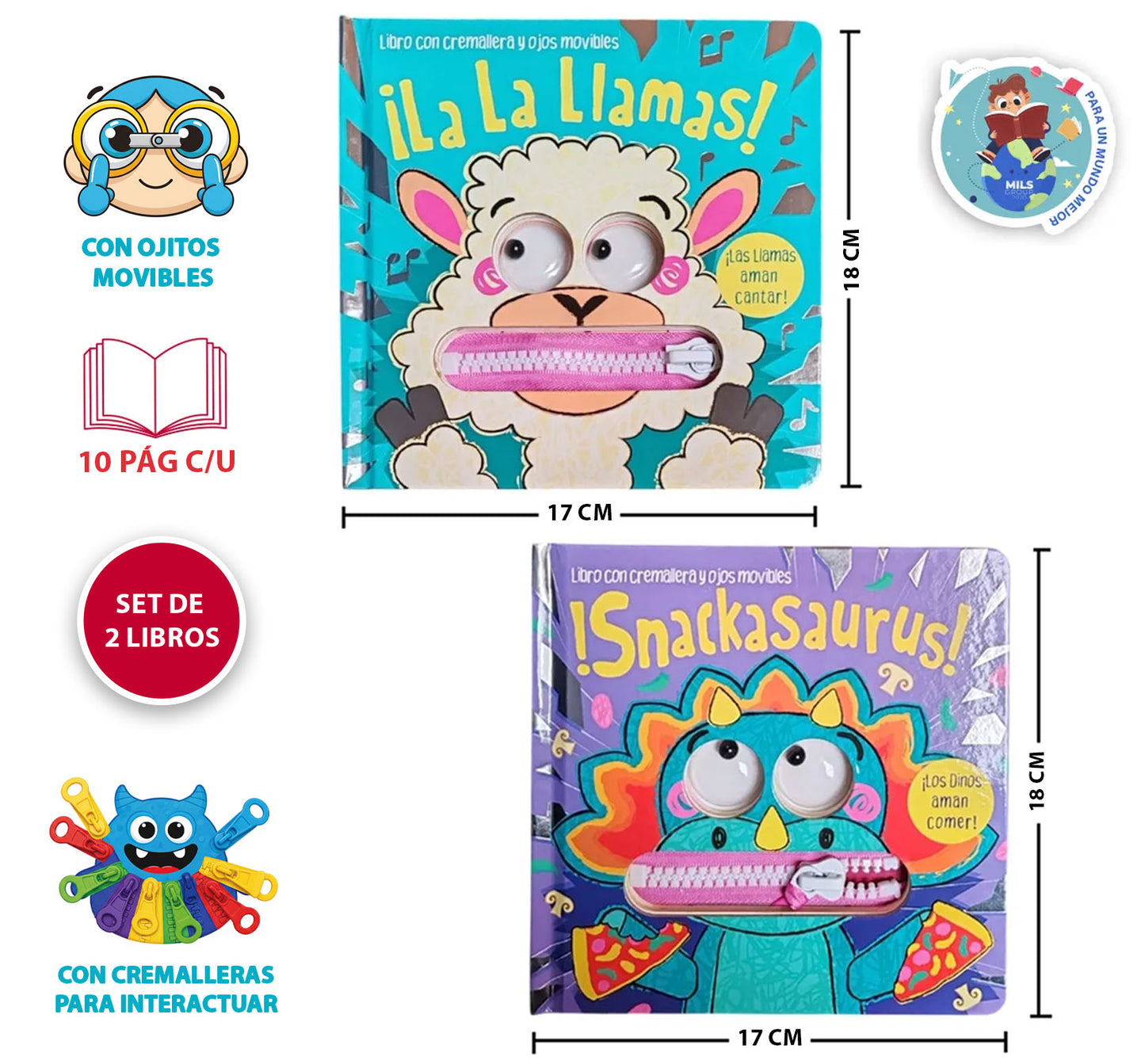 Set De 2 Libros Para Niños Ojos Movibles Y Zipper