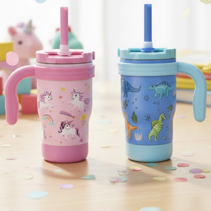 Termo Para Niños Con Popote Y Asa 450ml Libre De BPA Unicornio/Dino